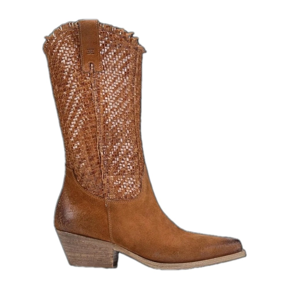 Sam Edelman Brenda Western Boot Woven Leather,  Stacked Heel Pointed Toe Sz 8